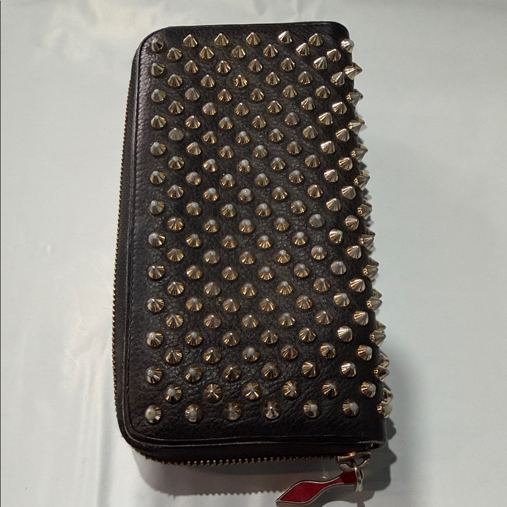Christian Louboutin Black Leather Zip Wallet with Gold Spikes